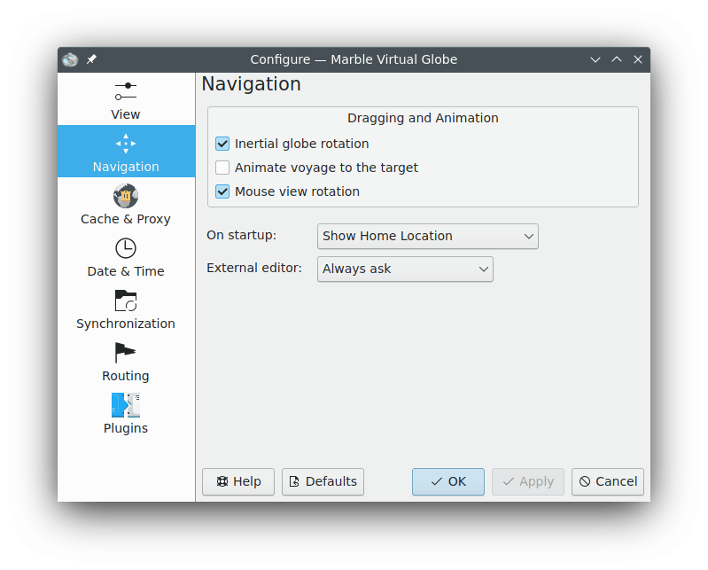 The Navigation configuration dialog