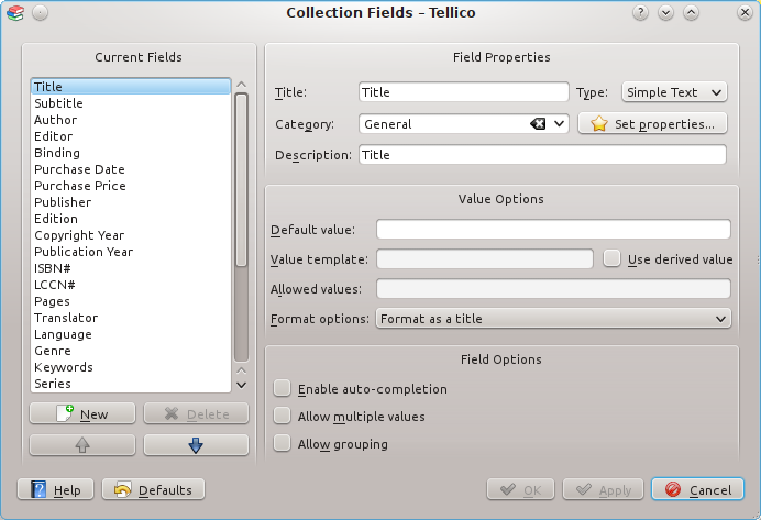 The Tellico Collection Fields Dialog