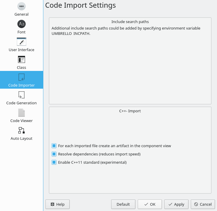 Options for the Code Import Settings in Umbrello UML Modeller