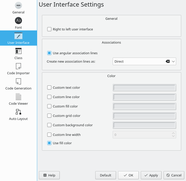 Options for the User Interface Settings in Umbrello UML Modeller