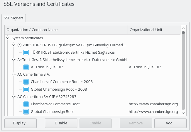 Le module des certificats et versions « SSL ».