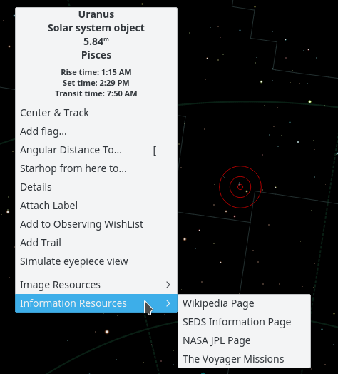 Menu contextuel pour Uranus