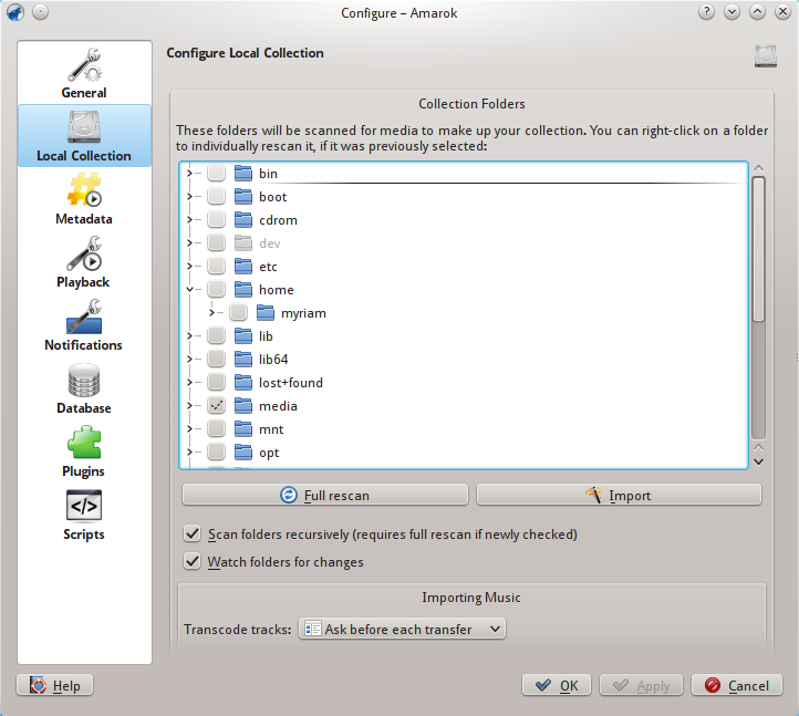 Finestra di configurazione della collezione, nella versione 2.8
