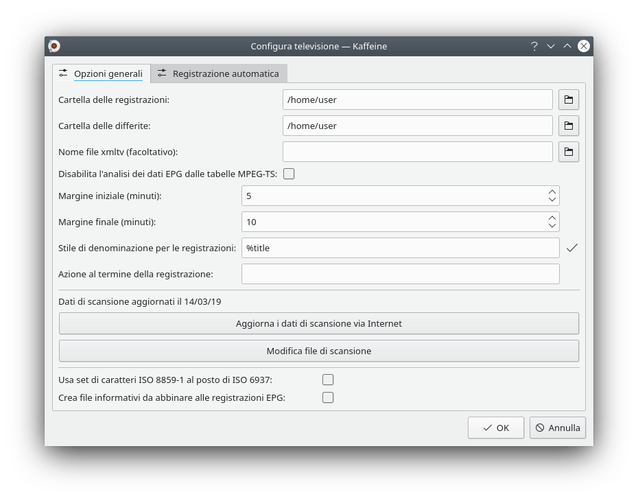 Configurazione TV - Opzioni generali
