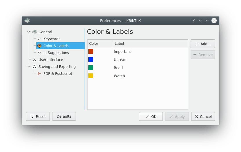 Configurazione di colori & etichette