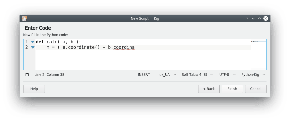 Inserindo o código para o ponto médio no assistente do Objeto de 'Script'.