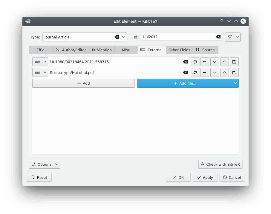 External documents tab of entry's editing dialog