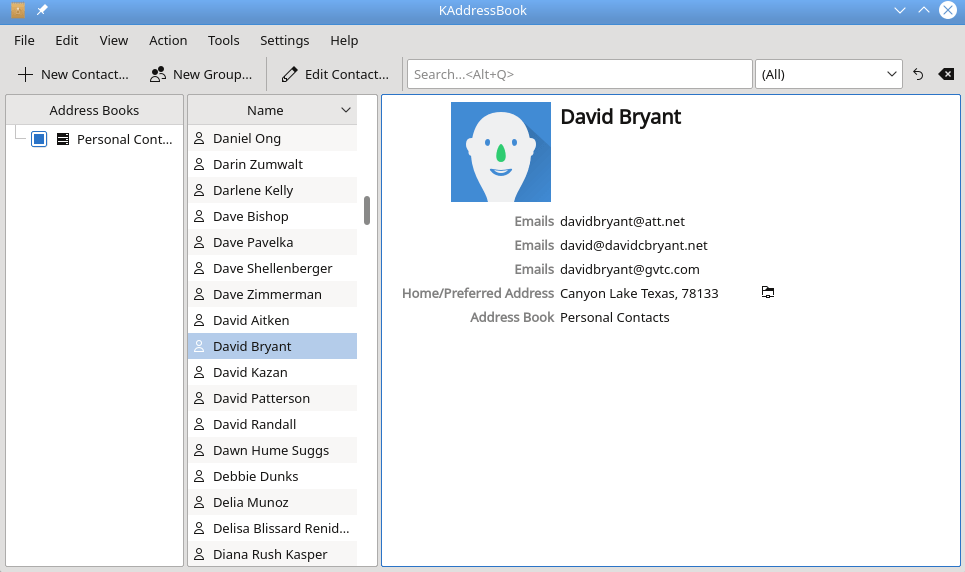 Una captura de pantalla de la IGU principal del KAddressBook