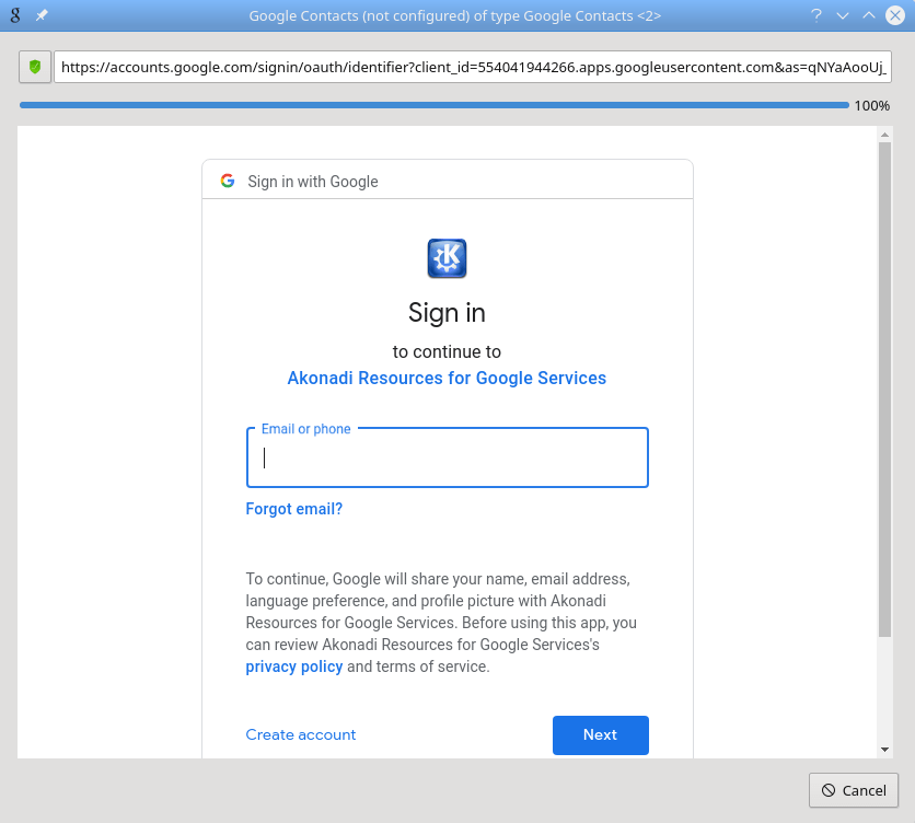 Una segona captura de pantalla del KAddressBook amb el diàleg Vincula amb el GMail