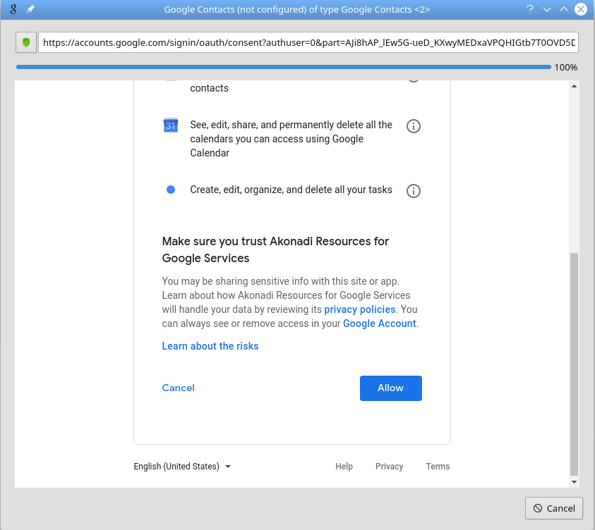 Una tercera captura de pantalla del KAddressBook amb el diàleg Vincula amb el GMail