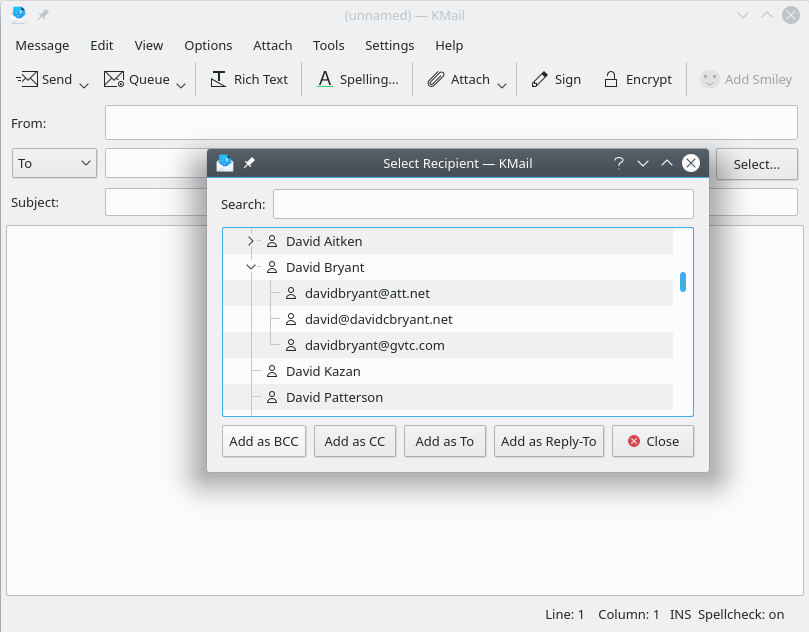 Una captura de pantalla del diàleg de selecció de destinataris dins de la finestra d'edició de missatges del KMail.