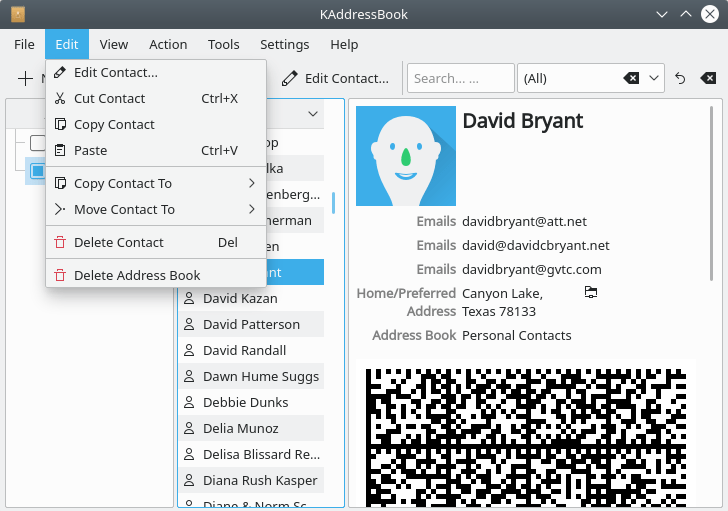 Una captura de pantalla del menú «Edita» del KAddressBook.
