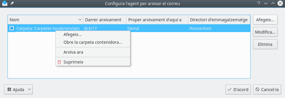 Configurant l'agent d'arxivat de correu