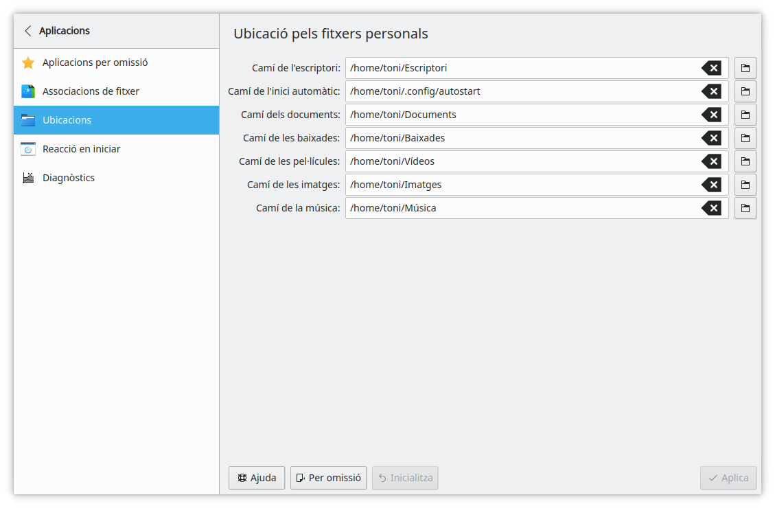 Configuració d'alguns dels camins del KDE