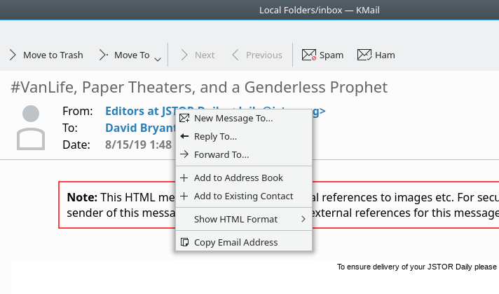 A screenshot of the new contact creation interface inside KMail's message viewing window.