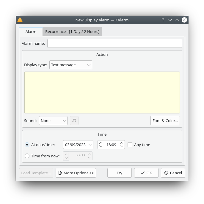 Simplified Alarm Edit dialog for a display alarm