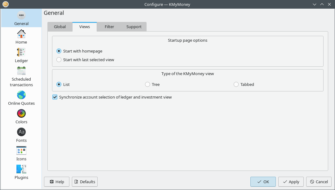 KMyMoney configuration, general, views tab