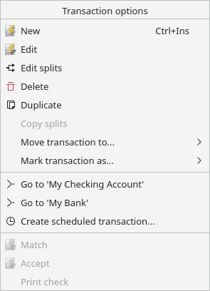 transaction options sub-menu