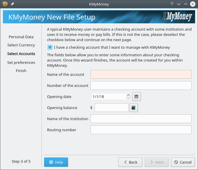Checking account creation page