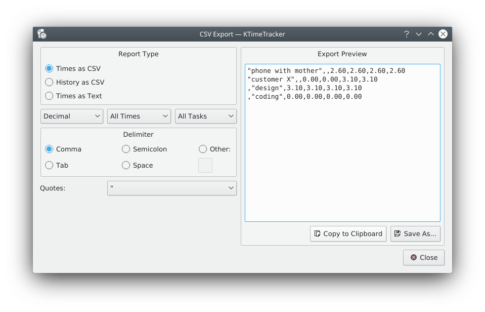 Export Times as CSV
