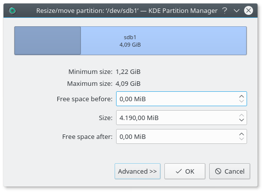 Resize dialog before resizing /dev/sdb1