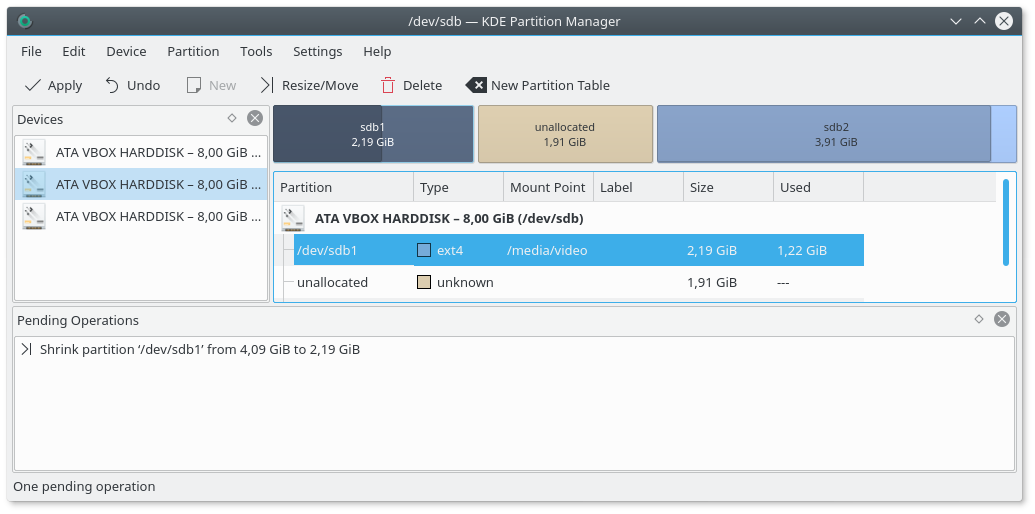 Main window after resizing /dev/sdb1