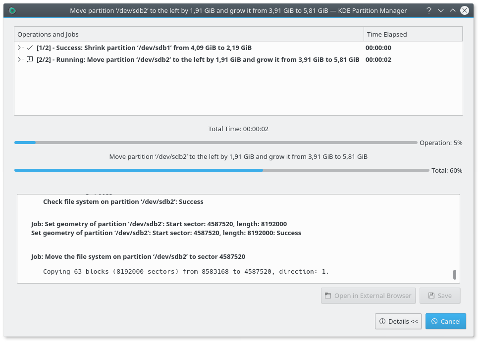 KDE Partition Manager is applying operations