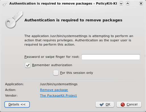 The authentication dialog asking for root, swipe finger and showing descriptions