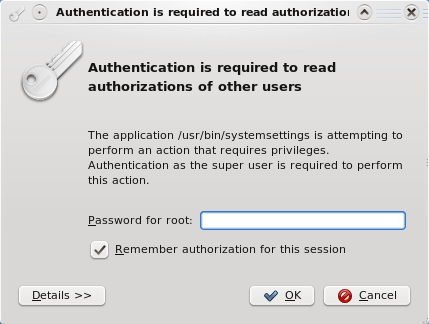 Authentication dialog showing an Action where the privilege can be retained only for the remainder of the desktop session