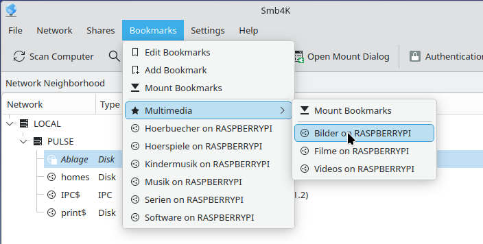 Bookmark popup menu