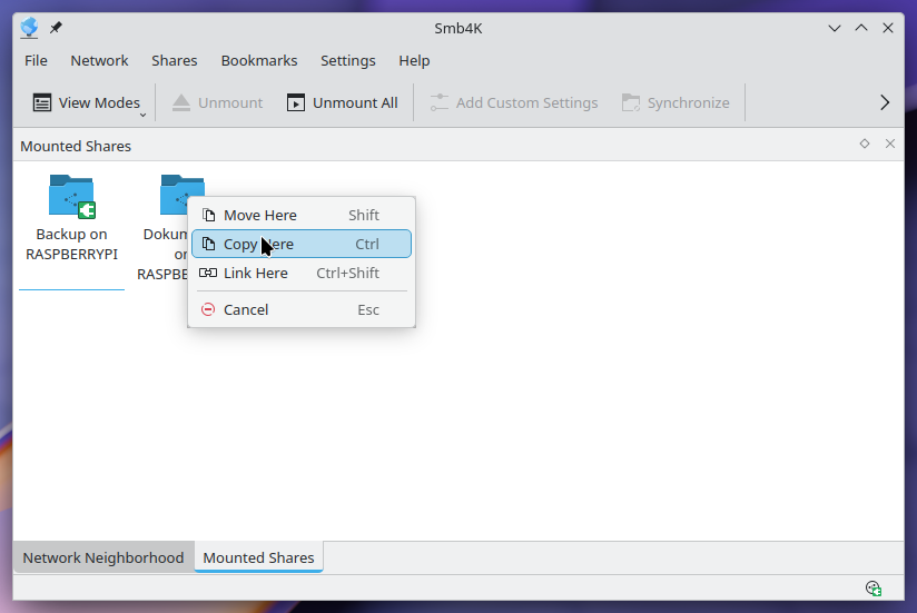 A popup menu opened after the user dropped a file onto a share