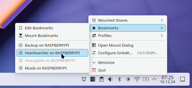 System tray widget's Bookmarks menu