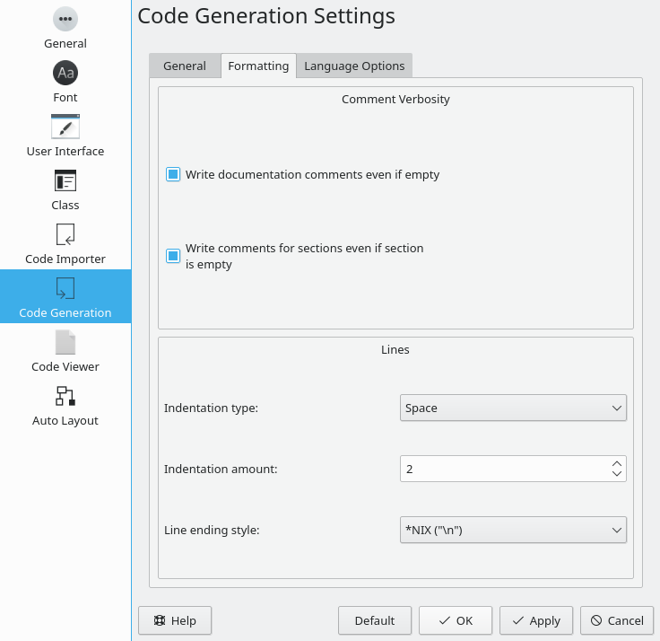Options for the Code Generation Formatting Settings in Umbrello UML Modeller