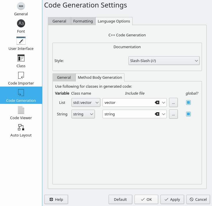 Options for the Code Generation Language Method Body Settings in Umbrello UML Modeller