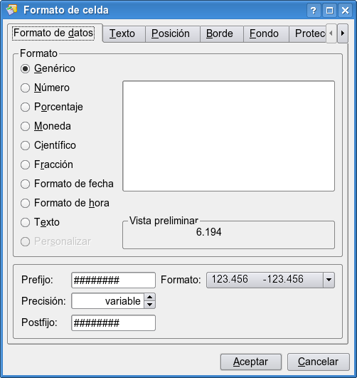 Página Formato de datos.