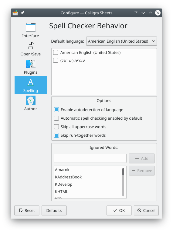 Configuración del corrector ortográfico.