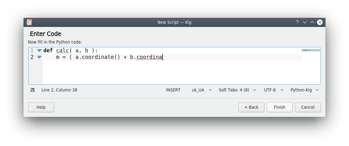 Introducción del código para calcular el punto medio usando el asistente para la creación de scripts.