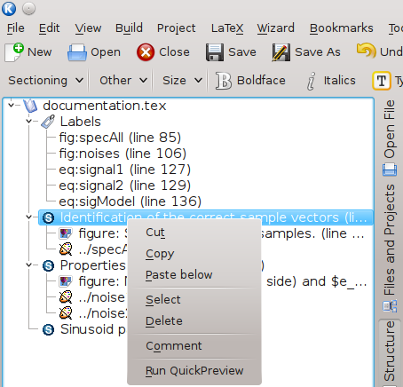 Menu contextuel pour les éléments de structuration