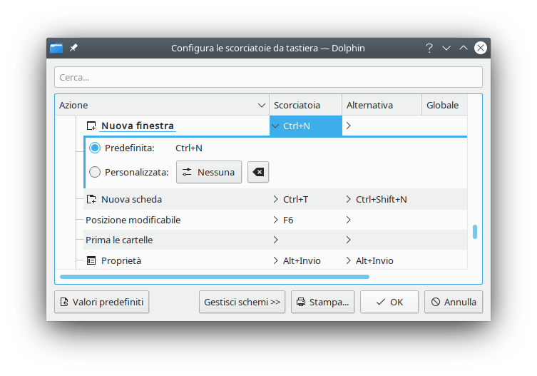 La finestra di configurazione delle scorciatoie che mostra come impostare una scorciatoia.