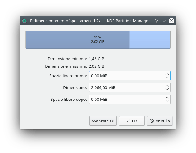 La finestra di ridimensionamento dopo aver modificato le dimensioni di /dev/sdb2