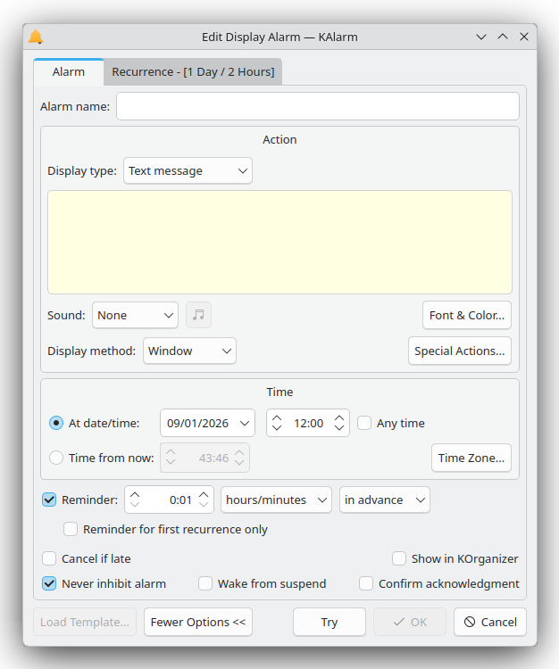 Dialoogvenster om alarmen te bewerken voor een getoond alarm, waar alle opties getoond worden