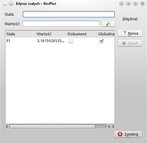 Zrzut ekranu okna konfiguracji stałych