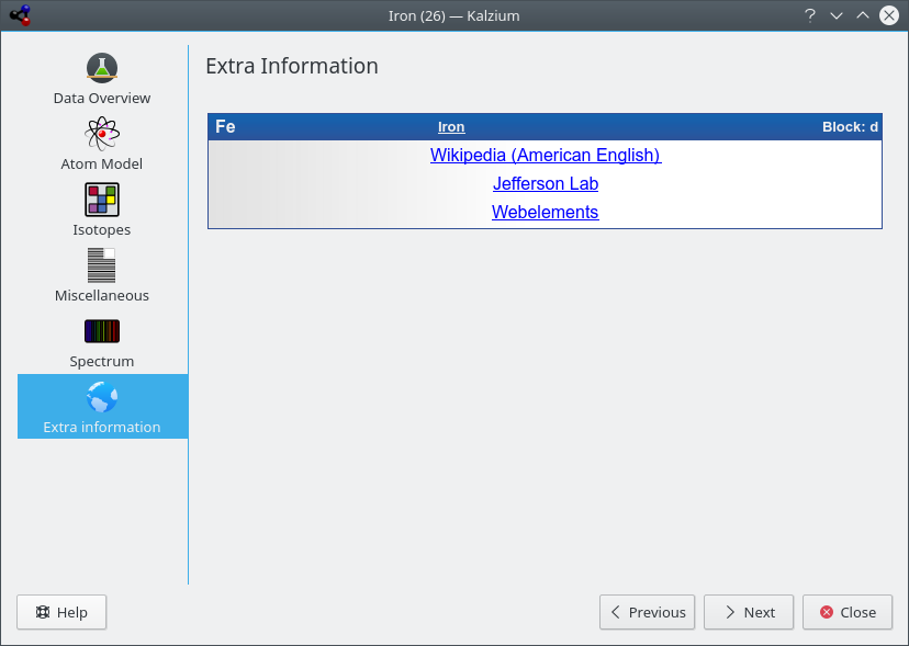 Janela de informações do Kalzium
