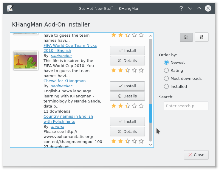 A janela para Obter Palavras Novas do KHangMan