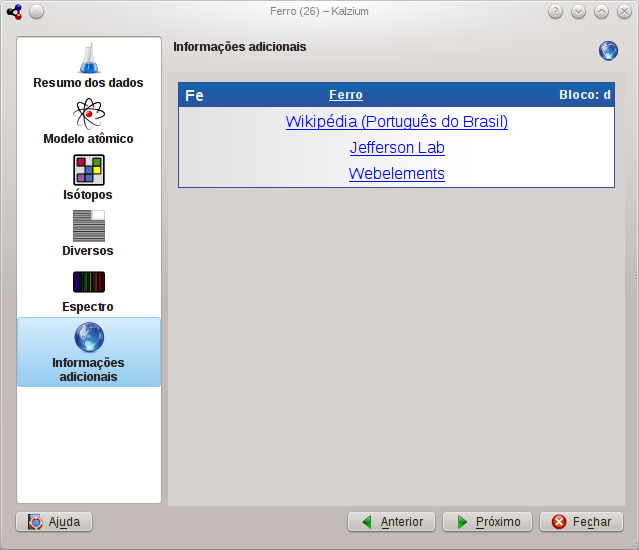 Janela de informações do Kalzium