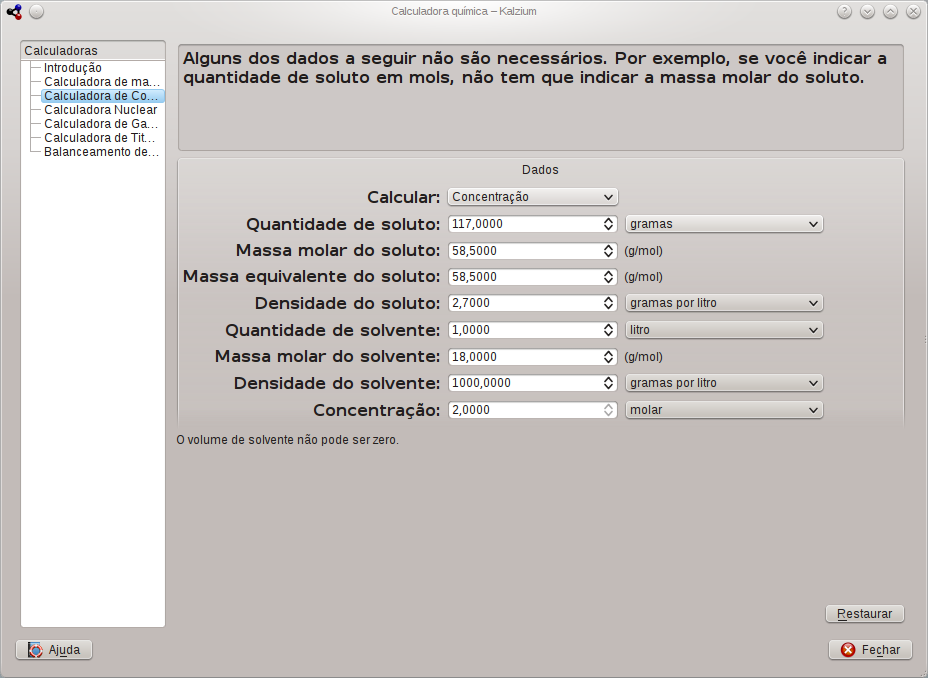 a janela da “Calculadora de concentrações”