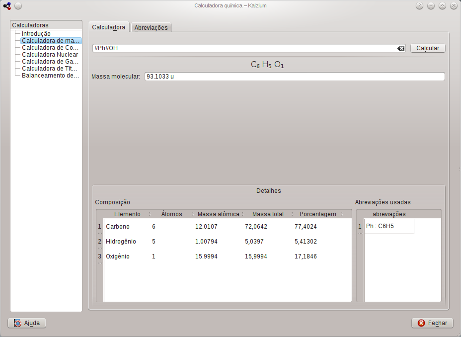 janela da “Calculadora de massa molecular”