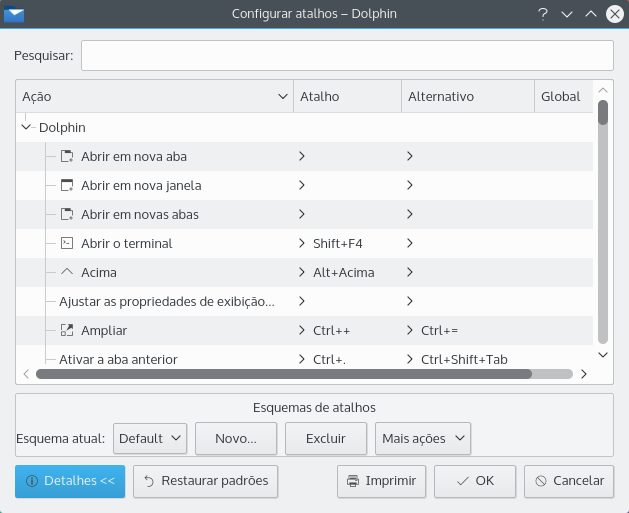 A janela de configuração de atalhos exibindo as ferramentas de edição de esquemas.