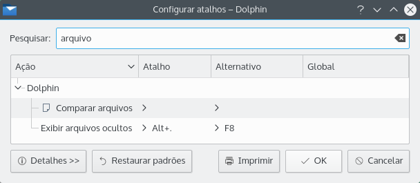 Janela para personalizar atalhos.