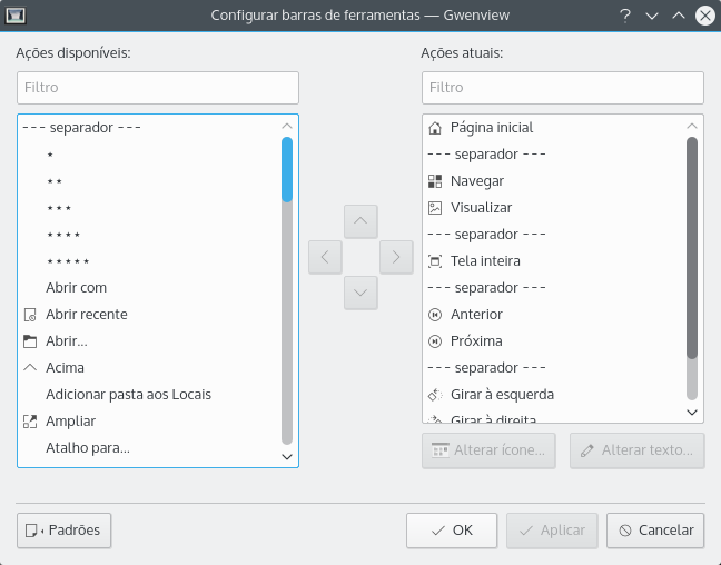 Janela para personalizar barras de ferramentas.